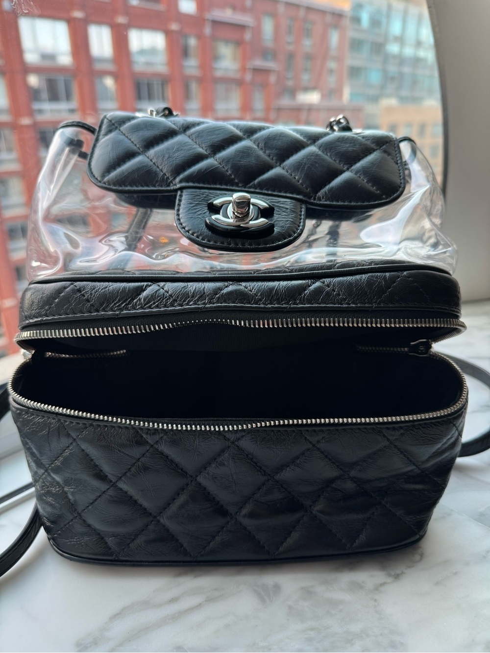 CHANEL Black Quilted PVC and Leather Crossbody/backpack with Chain Strap - Picture 3 of 5